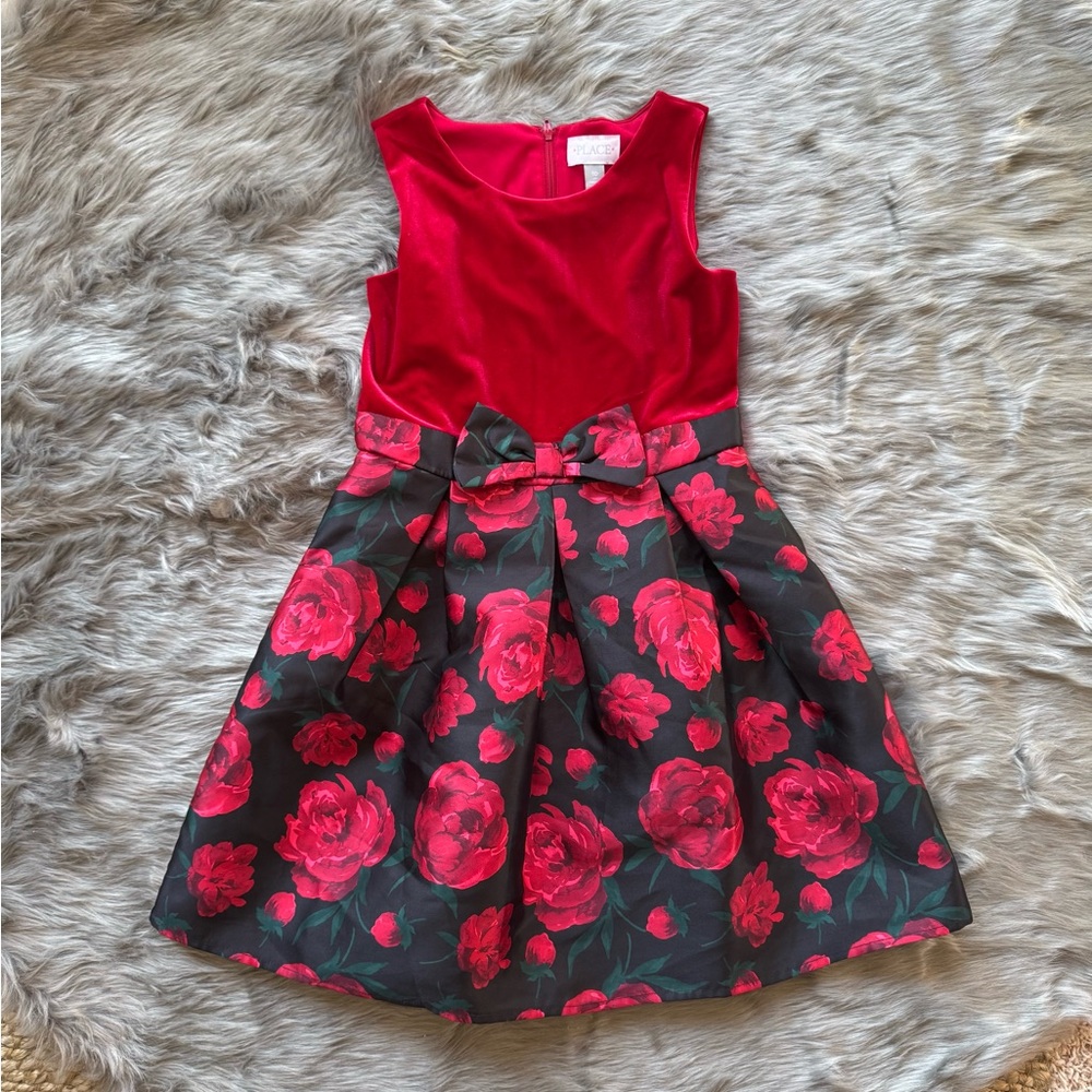 The Children's Place Red Velvet and Black Floral Dress